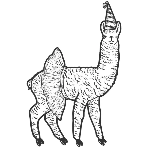 Un lama animal, une jupe et une casquette d'anniversaire. Croquis imitation de planche à gratter. — Image vectorielle