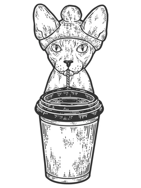 Café, le chat Sphynx boit du café. Croquis imitation de planche à gratter. — Photo