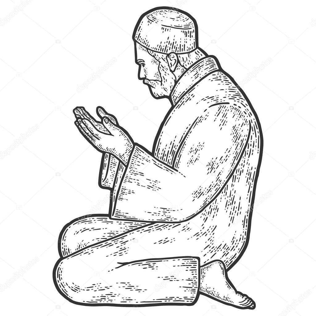 Man pray, prayer in islam. Sketch scratch board imitation.