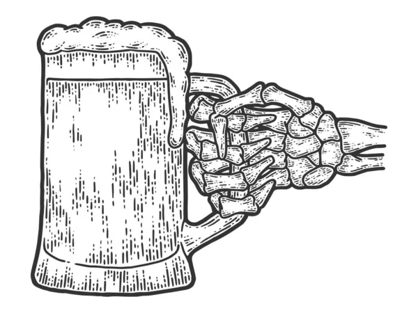 Skelet bottenhand houdt bier vast. Schets krabplank imitatie. — Stockvector