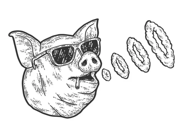 Le cochon fume et souffle des anneaux de fumée. Croquis imitation de planche à gratter. — Image vectorielle