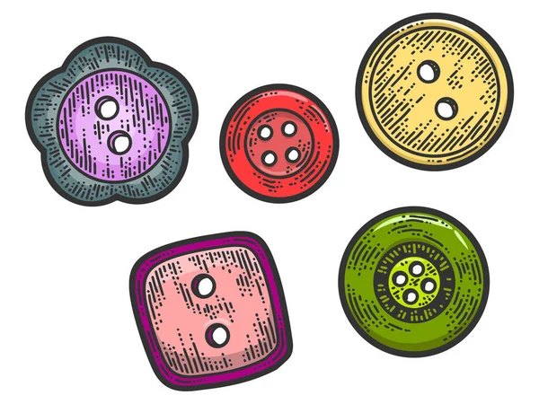 Set of five buttons. Apparel print design. Scratch board imitation. Color hand drawn image.