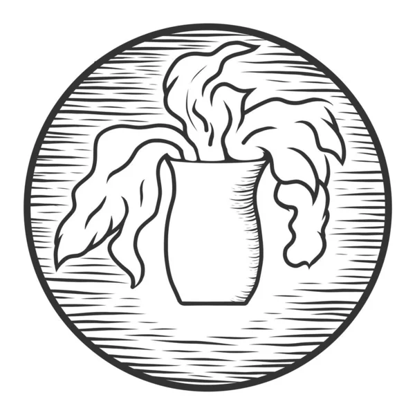 El logotipo, en el florero circular con el humo o la planta. Boceto imitación tablero de rasca. — Vector de stock