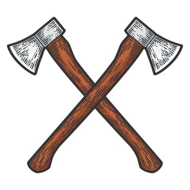 Çapraz baltalar oyması. Giysi baskısı tasarımı. Çizik tahtası taklidi. Renkli el çizimi resim.