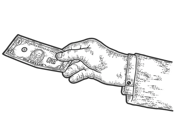 A kéz átad egy dollárt. Vázlattábla utánzat. Fekete-fehér. — Stock Vector