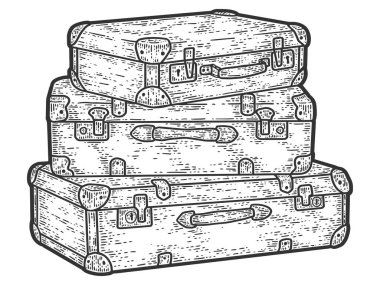 Arka arkaya dizilmiş seyahat bavulları. Çizim tahtası taklidi.