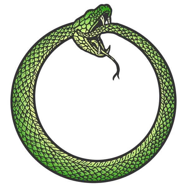 Uroboros, ular melingkar dalam cincin, menggigit ekornya. Imitasi papan gores. Citra gambar tangan hitam dan putih. — Stok Foto