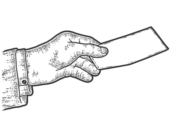 La mano pasa una hoja de papel en blanco. Boceto imitación tablero de rasca. — Vector de stock