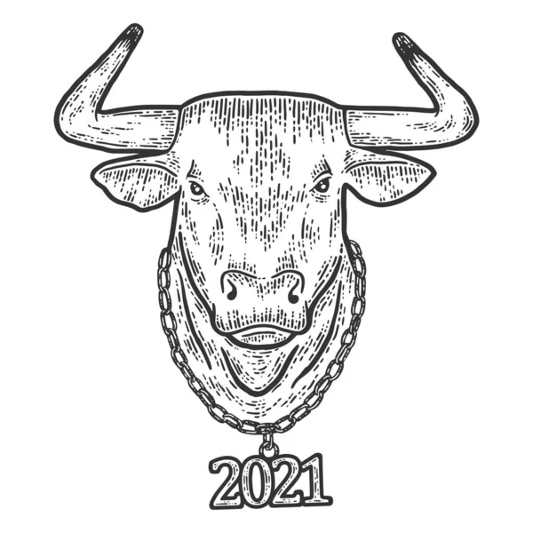 Ano Novo, cabeça de touro com corrente 2021. Sketch imitação placa de arranhão. — Vetor de Stock