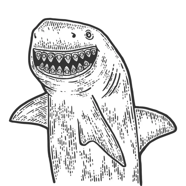 Kinderzahnheilkunde, Hai mit Zahnspange. Skizze Scratch Board Imitation. — Stockfoto