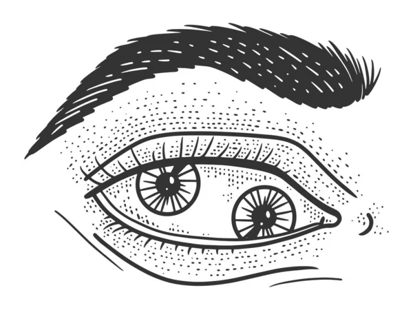 Olho humano com duas pupilas. Desenho imitação de raspadinha. Preto e branco. — Vetor de Stock