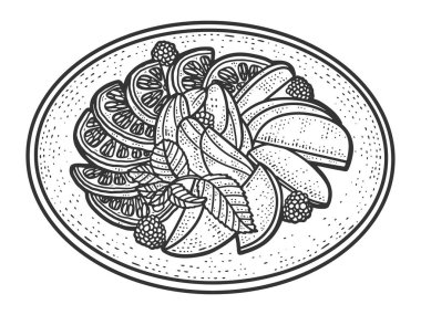 Meyve tabağı. Çizim tahtası taklidi. Siyah ve beyaz.