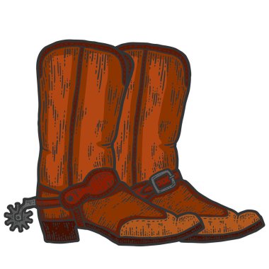 Bir çift kovboy çizmesi, robot resim. Çizik tahtası taklidi. Renkli el çizimi resim.