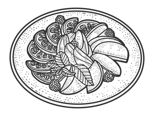 Ovocný talíř. Náčrt napodobenina náčrtku. Černá a bílá. — Stock fotografie