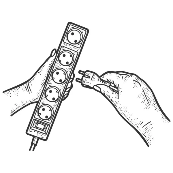 Verlengsnoer. Steek de stekker in het stopcontact. Schets krabplank imitatie. — Stockvector