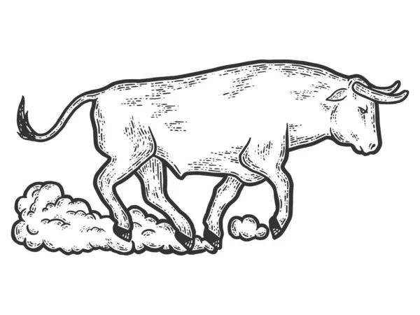 Un toro furioso corre con polvo de carretera. Sketch scratch board imitación 2021 — Vector de stock