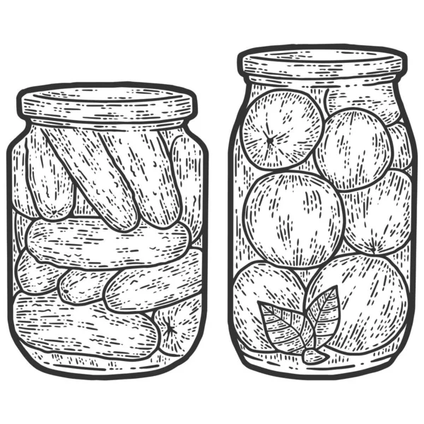 Préservation, prêt. Deux pots de concombres et de tomates. Croquis imitation de planche à gratter. — Image vectorielle