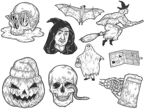 Halloween grote set, schets tekeningen. Kleurplaat imitatie. — Stockfoto