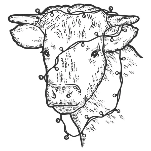 Nieuwjaar 2021, stier met bloemenslinger op zijn kop. Schets krabplank imitatie. — Stockvector