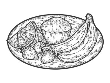 Bir tabak pasta ve meyvelerin üzerinde. Çizim tahtası taklidi. Siyah ve beyaz.