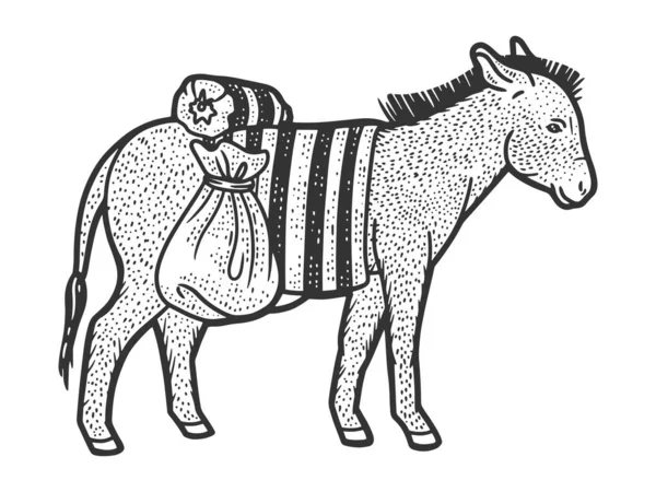 Burro llevando cargas pesadas. Boceto imitación tablero de rasca. — Archivo Imágenes Vectoriales