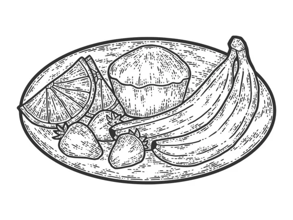 Sur une assiette gâteau et fruits. Croquis imitation de planche à gratter. Noir et blanc. — Image vectorielle