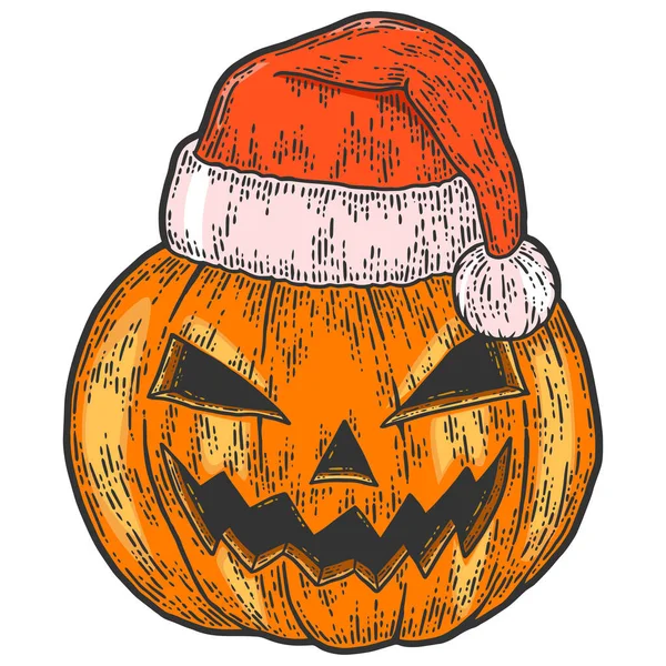 Halloween, cara de calabaza en sombrero de Santa Claus. Boceto imitación tablero de rasca. — Archivo Imágenes Vectoriales