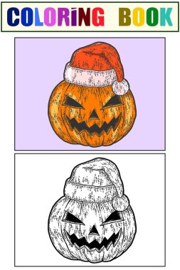 Cadılar Bayramı, Noel Baba şapkalı balkabağı surat. Renk ve boyama kitabı seti örneğin..