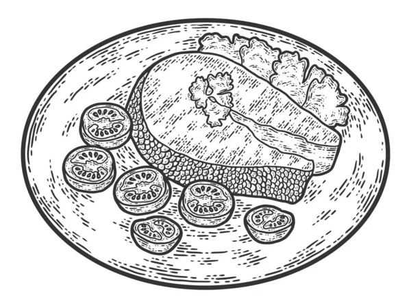 Das Gericht liegt auf dem Teller. Fischsteak mit Gemüse und Kräutern. Skizze Scratch Board Imitation. — Stockvektor