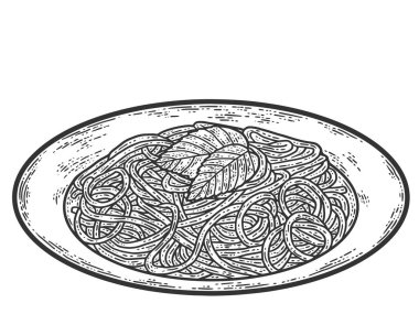 Spagetti ile tabak. Çizim tahtası taklidi. Siyah ve beyaz.
