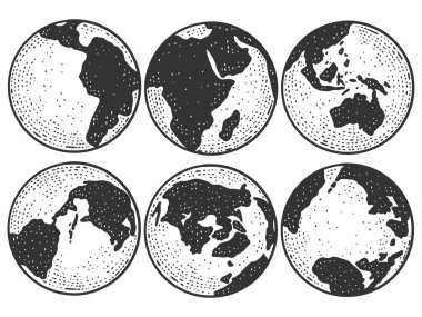 Dünya gezegeni farklı açılardan. Globe skeç çizim tahtası taklidi.