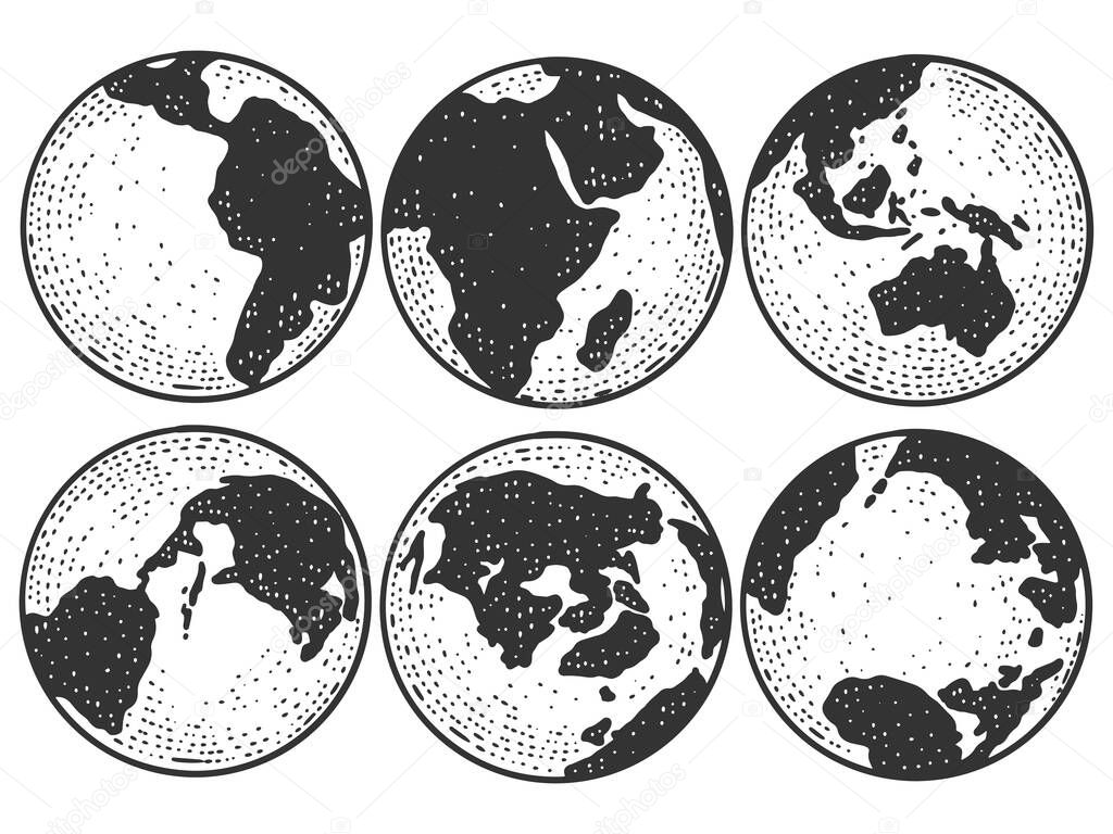 Planet Earth from different angles. Globe sketch scratch board imitation.