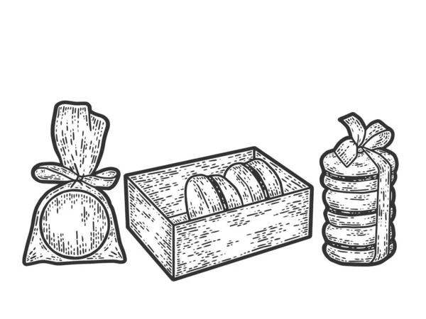 Kész, macaron desszert a csomagban. Sketch kaparótábla utánzat. — Stock Vector