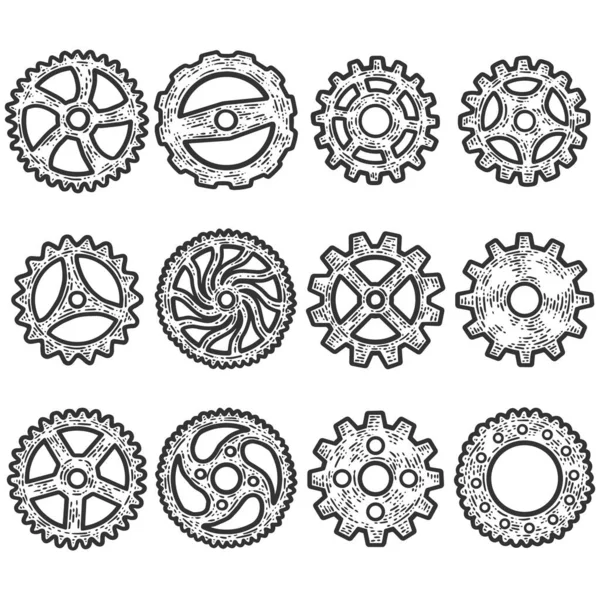 Conjunto de engrenagens, mecanismo. Desenho imitação de raspadinha. Preto e branco — Fotografia de Stock