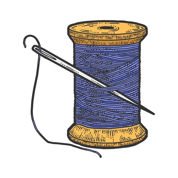 Spule aus blauem Faden mit Nadel. Rubbelbrett-Imitat. Handgezeichnetes Farbbild. — Stockvektor