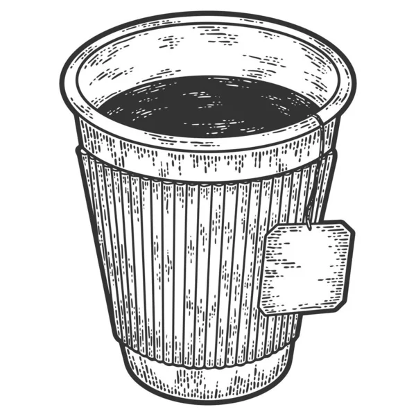 Té en una taza de papel. Imitación del sketch scratch board. Blanco y negro. — Archivo Imágenes Vectoriales