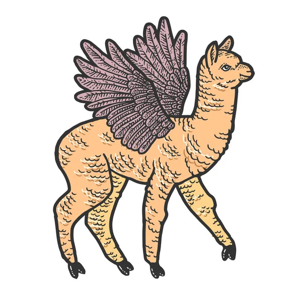 Niedliches Lama mit Flügeln. Rubbelbrett-Imitat. Handgezeichnetes Farbbild. — Stockvektor