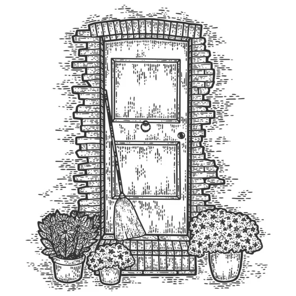 Vintage, gemauerte Tür mit Blumen. Skizze Scratch Board Imitation. — Stockvektor