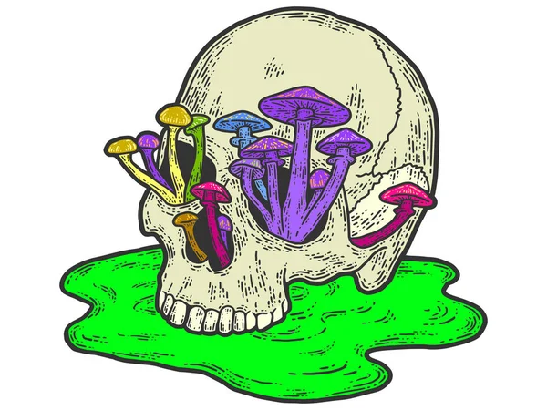 Menselijke schedel met groeiende paddenstoelen. Schets krabplank imitatie. — Stockvector
