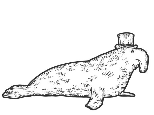 Elephant seal in hat. Sketch scratch board imitation. Engraving vector illustration. — Stock Vector