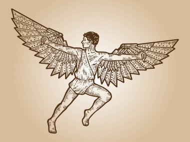 İkarus, çelik kanatlı bir adam. Giysi baskısı tasarımı. Çizik tahtası taklidi. Sepia el yapımı resim.