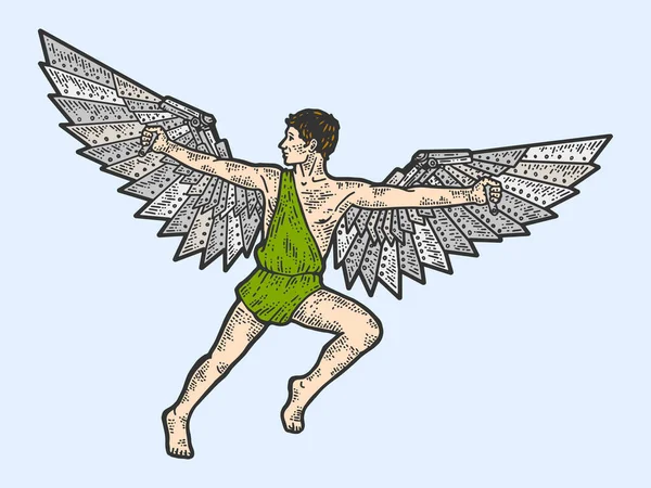 イカロス鋼の翼を持つ男だ。アパレルプリントデザイン。スクラッチボードの模倣。手描きカラー画像. — ストック写真