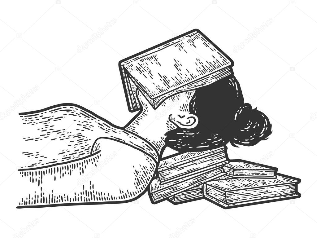 Young girl sleeping book her face. Engraving vector illustration. Sketch