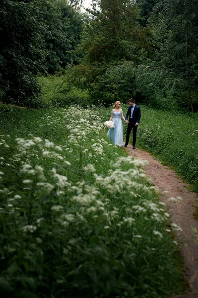 Gelin ve damat beyaz alanıyla yol boyunca yürümek. Park veya orman. Düğün yürüyüş ve fotoğraf ateş — Stok fotoğraf