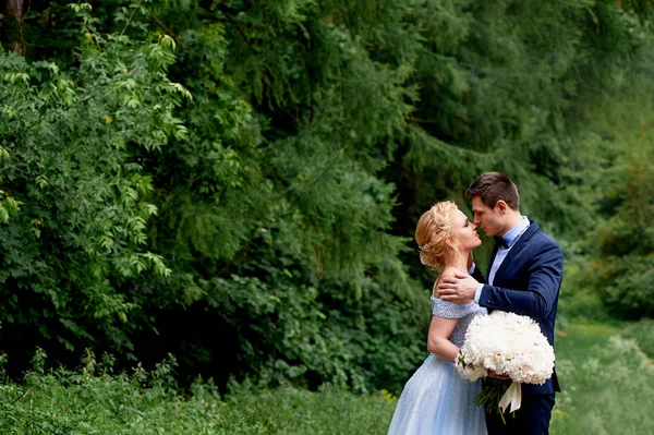 Düğün fotoğraf çekimi ve yürüyüş. Damat ve gelin, gelinler mavi elbise ve peonies bir buket. Park, yeşil ağaçlar, alanlar, çalılar arka plan üzerinde. — Stok fotoğraf