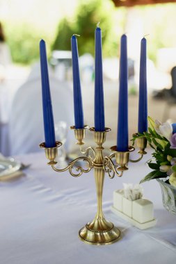 Tablo klasik bir tasarıma sahip. Vazoda bir yüksek ortancaları ve lilyum, Altın şamdan mavi mum ile bir kompozisyon ile. Dekor ve floristik