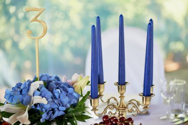 Tablo klasik bir tasarıma sahip. Vazoda bir yüksek ortancaları ve lilyum, Altın şamdan mavi mum ile bir kompozisyon ile. Dekor ve floristik