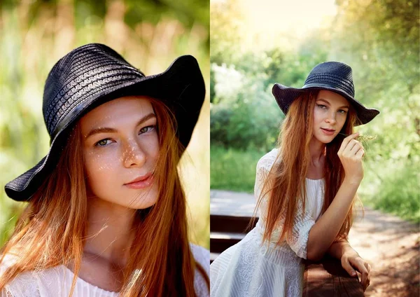 Portrait of a red-haired girl with long hair, in a black wide-brimmed hat.The sun makes freckles on the cheeks. Sun spots on the face.Collage