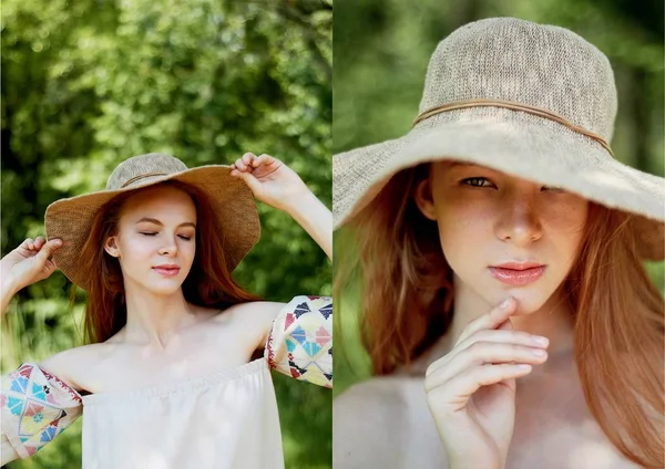 A sophisticated red-haired girl in a simple linen dress, in a light wide-brimmed hat.Model look. Natural beauty. Artistic portrait. Keeps the brim. Collage