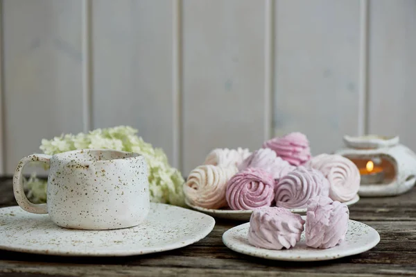 Λεπτές παστέλ χρώματα. Τσάι κόμμα στον ανοιχτό αέρα. Κεραμικά σε ρουστίκ στυλ, χειροποίητο. Λεπτή marshmallow ροζ αποχρώσεις. — Φωτογραφία Αρχείου